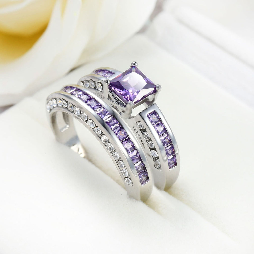 Amethyst White Zircon Ring Set -Ringepaar