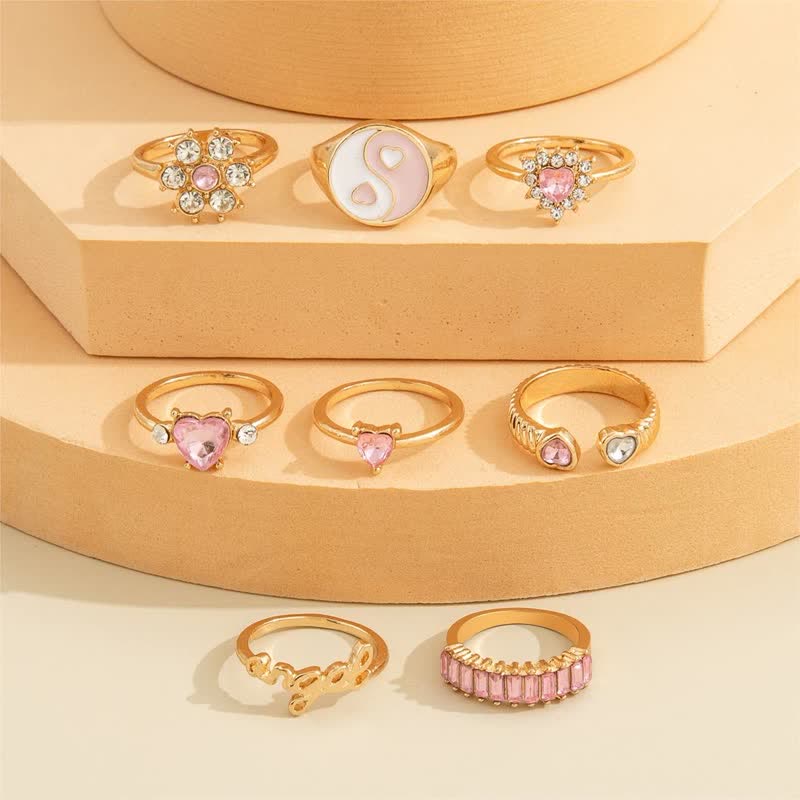 8Pcs Rosa Yin Yang Blühen Liebesring Set