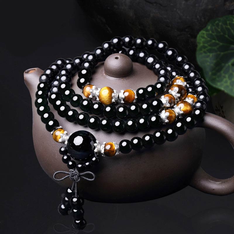 Chavri 108 Perlen natürliches schwarzes Obsidian-Tigerauge-Mala-Armband
