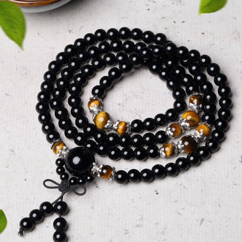 Chavri 108 Perlen natürliches schwarzes Obsidian-Tigerauge-Mala-Armband