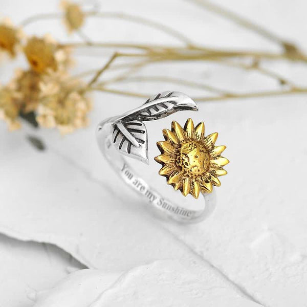 Böhmen Gold Sonnenblumen Silberblätter Verstellbarer Ring