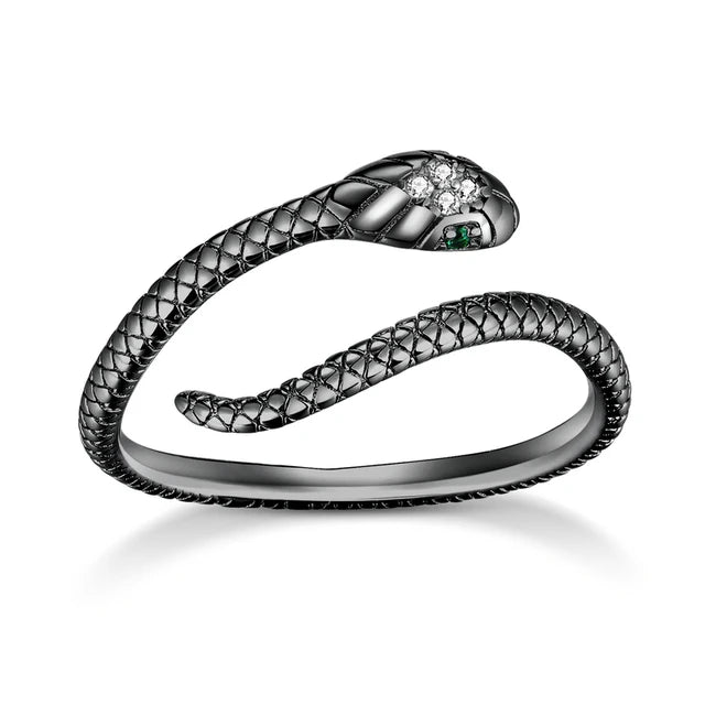 Bamoer Verstellbarer Ring aus 925er Sterlingsilber mit Platinbeschichtung, Retro-Schlangenring mit grünem Zirkon und Textur, Modeschmuck in 4 Farben