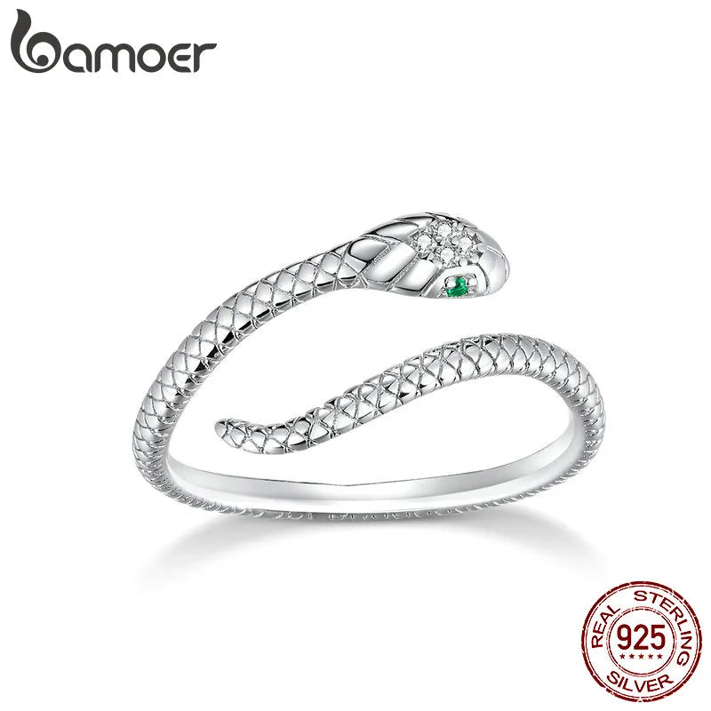 Bamoer Verstellbarer Ring aus 925er Sterlingsilber mit Platinbeschichtung, Retro-Schlangenring mit grünem Zirkon und Textur, Modeschmuck in 4 Farben