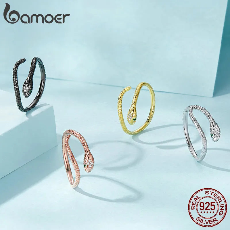 Bamoer Verstellbarer Ring aus 925er Sterlingsilber mit Platinbeschichtung, Retro-Schlangenring mit grünem Zirkon und Textur, Modeschmuck in 4 Farben