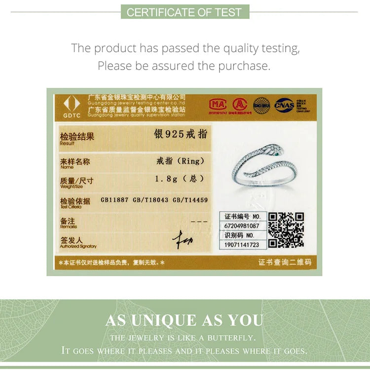 Bamoer Verstellbarer Ring aus 925er Sterlingsilber mit Platinbeschichtung, Retro-Schlangenring mit grünem Zirkon und Textur, Modeschmuck in 4 Farben