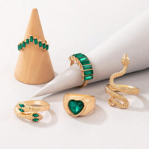5 Stücke Strass Und Herzschlangenring -Set