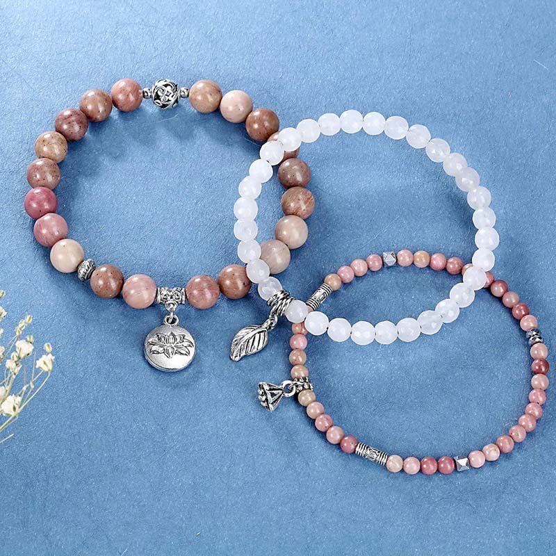 Chavri 3PCS natürliches Quarzkristall-Perlen-Heilenergie-Lotus-Armband