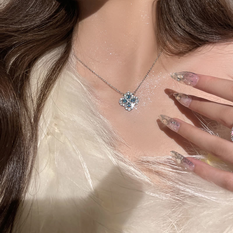 Vier Blattklee Mit Zirkon Aquamarin -Halskette