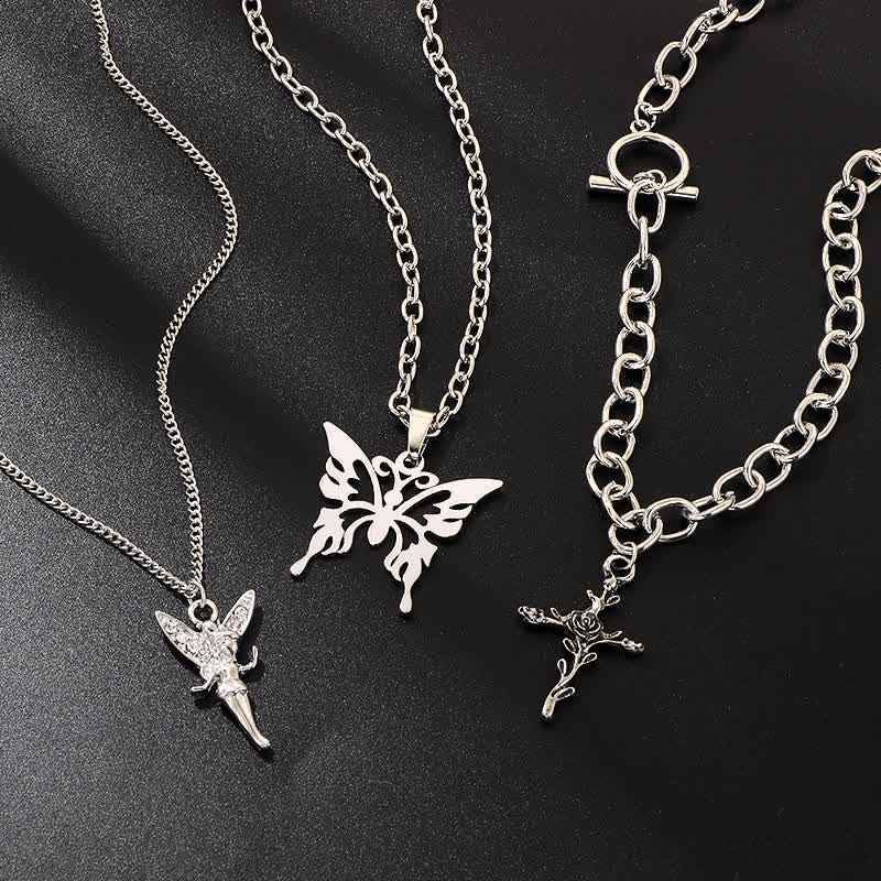 3Pcs Layered Angel Rose Butterfly Halskette Set