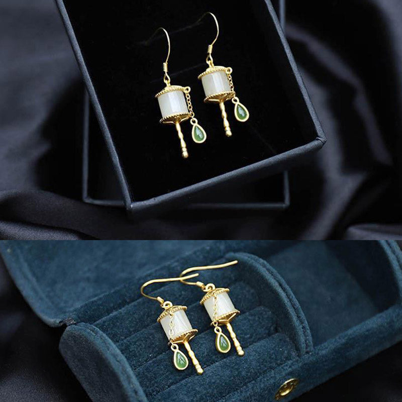 Chavri 925 Sterling Silber Jade Gebetsmühle Glück Tropfen Ohrringe
