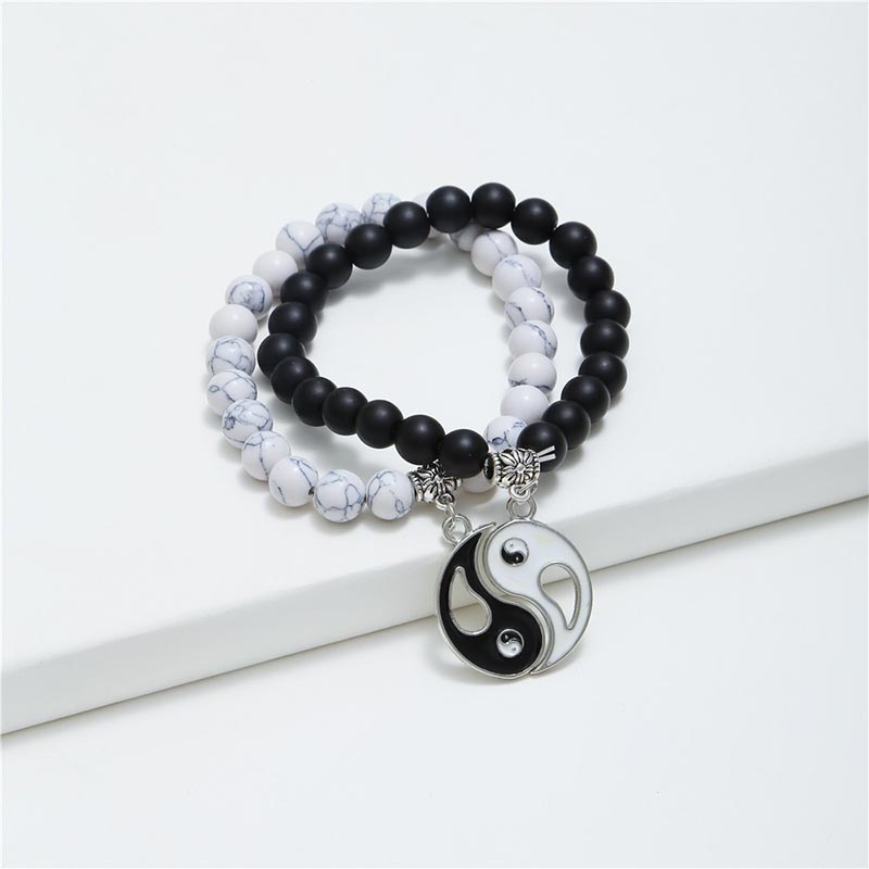 Chavri 2 Stück natürliches schwarzes Onyx-weißes Türkis-Perlen-Yin-Yang-Paar-Armband