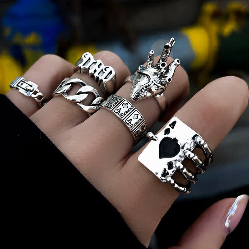 6Pcs Endgy Goth Poker Dad Ring Set