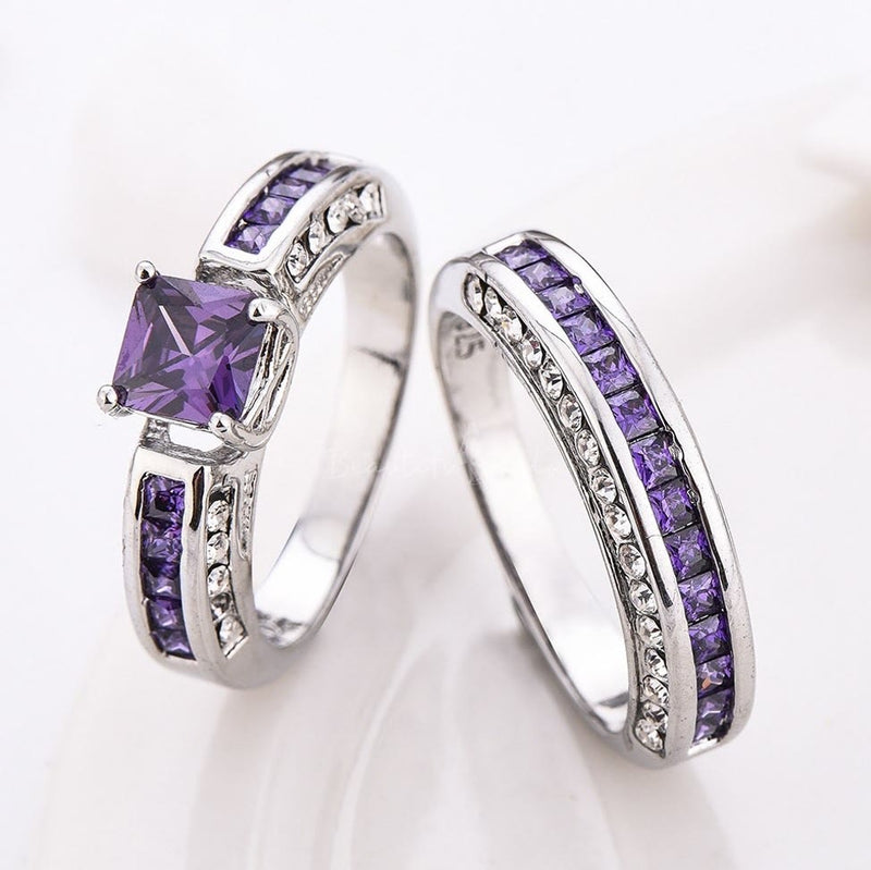 Amethyst White Zircon Ring Set -Ringepaar