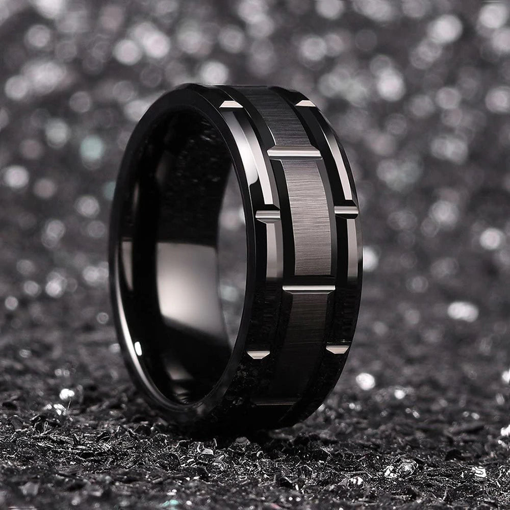 Mode Männer 8Mm Gold Farbe Nut Abgeschrägte Kante Wolfram Hochzeit Carbon Faser Ring Punk Zahnrad Edelstahl Ring für Männer