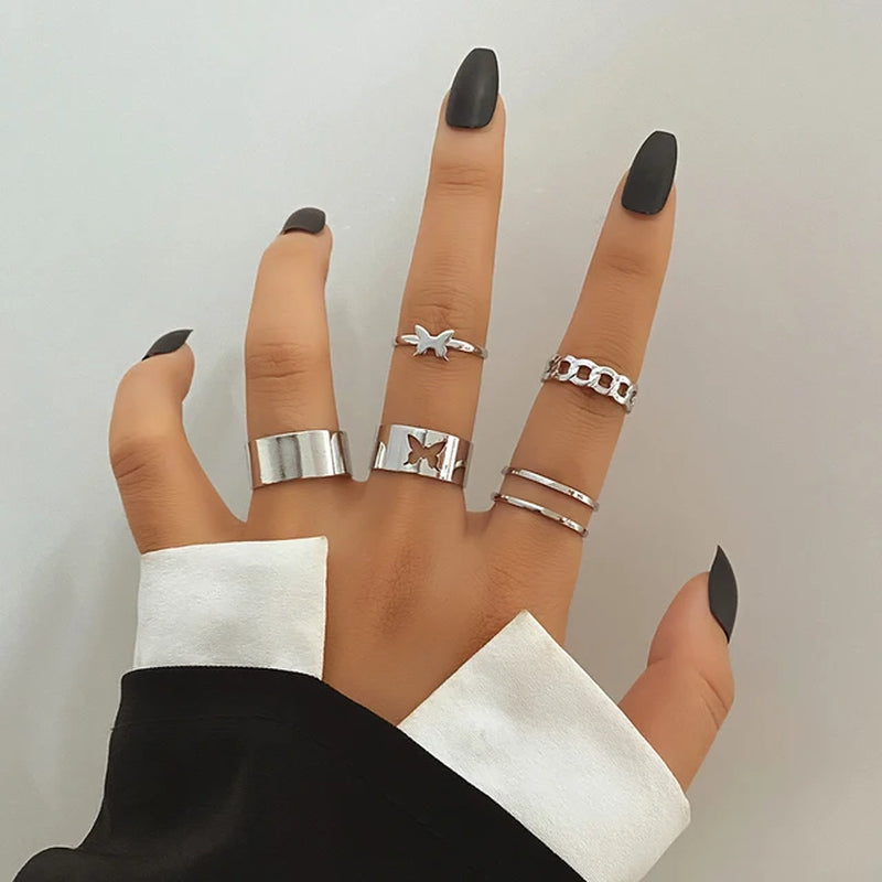 Mode Silber Farbe Metall Ringe Set Herz Schmetterling Blätter Blume Kristall Trendy Finger Ring für Frauen Schmuck Geschenke