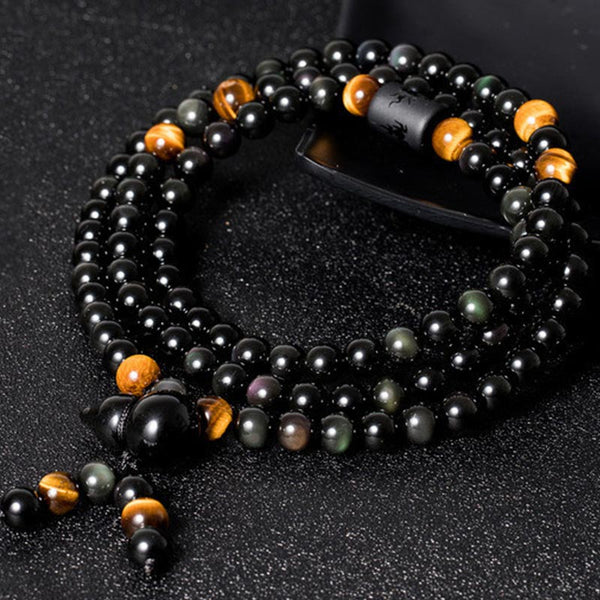 Chavri Natürliches schwarzes Obsidian-Regenbogen-Obsidian-Kürbis-Segen-Armband Mala