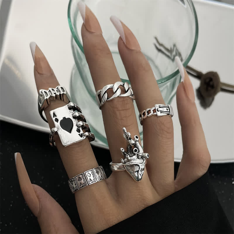 6Pcs Punk -Schädelklauen -Poker -Joker -Ring -Set