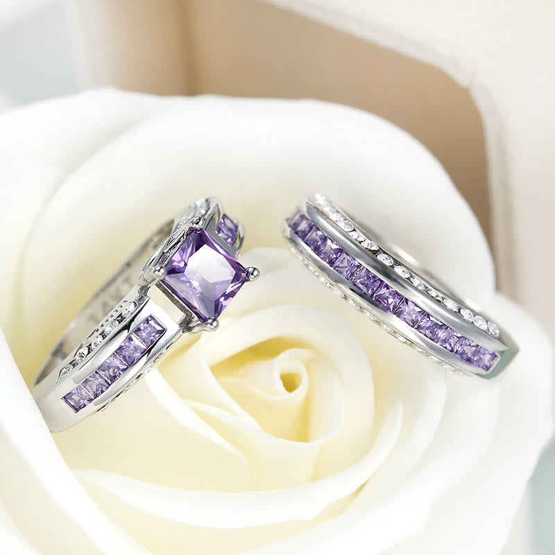Amethyst White Zircon Ring Set -Ringepaar
