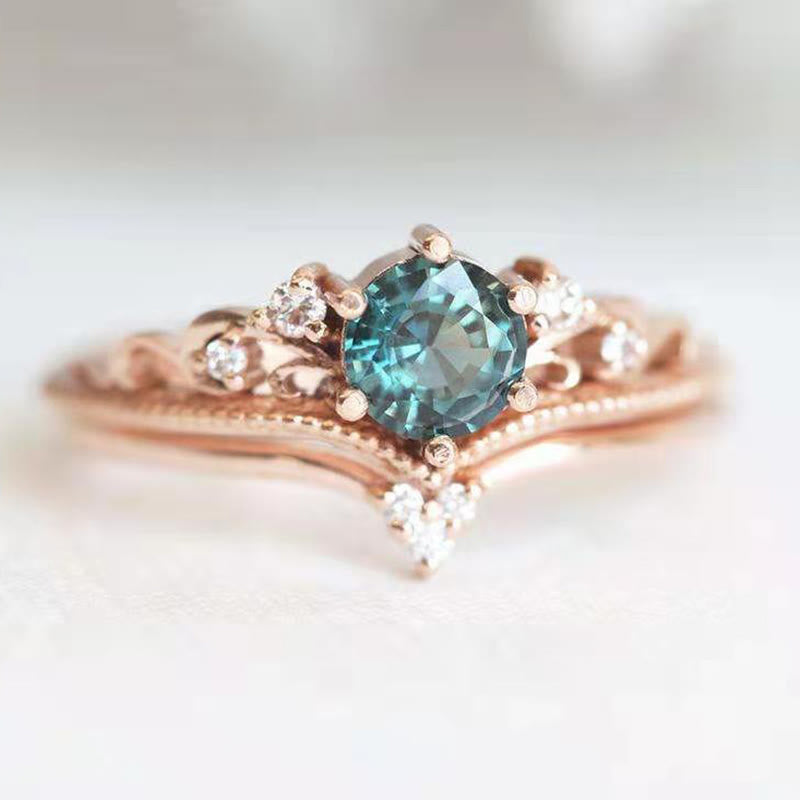 2 Pcs Teal Sapphire Engagement Ring Set