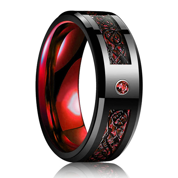 Mode 8 mm rote Nut abgeschrägte Kante Edelstahl keltische Drachenringe für Männer Zirkon Inlay Kohlefaser Ring Männer Ehering