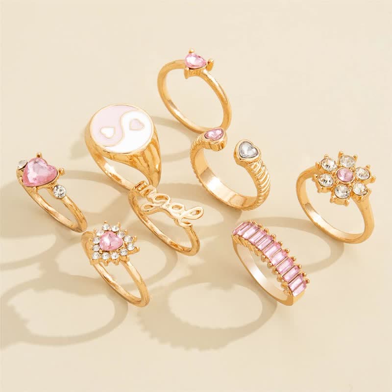 8Pcs Rosa Yin Yang Blühen Liebesring Set