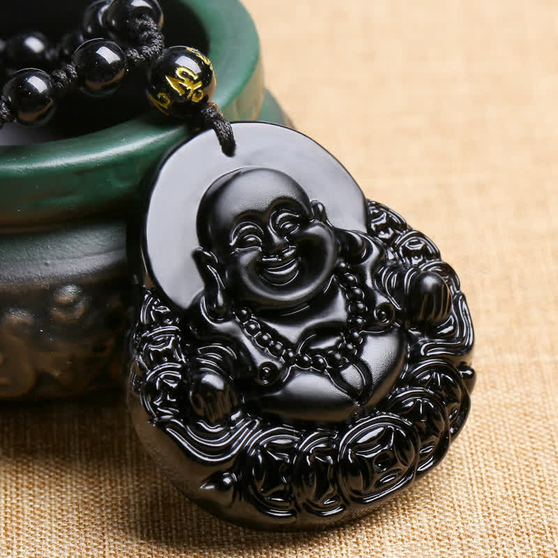 Chavri Lachender Buddha Halskette mit schwarzem Obsidian-Stärkeschutz-Anhänger