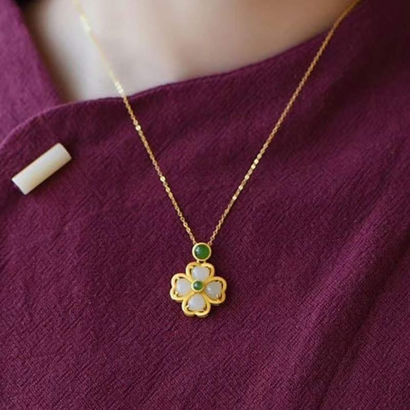 Chavri 925 Sterling Silber Lucky Four Leaf Clover Jade Wohlstand Halskette Kettenanhänger