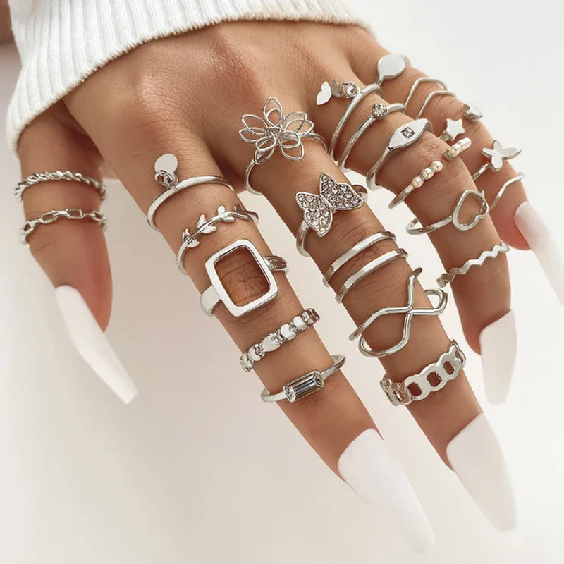 Mode Silber Farbe Metall Ringe Set Herz Schmetterling Blätter Blume Kristall Trendy Finger Ring für Frauen Schmuck Geschenke