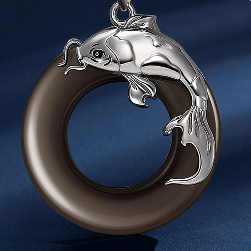 Chavri-Mondstein, schwarzer Obsidian, Koi-Fisch, heilender Liebes-Halsketten-Anhänger