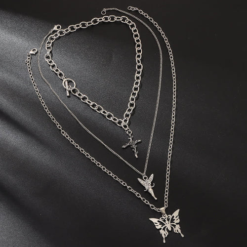 3Pcs Layered Angel Rose Butterfly Halskette Set