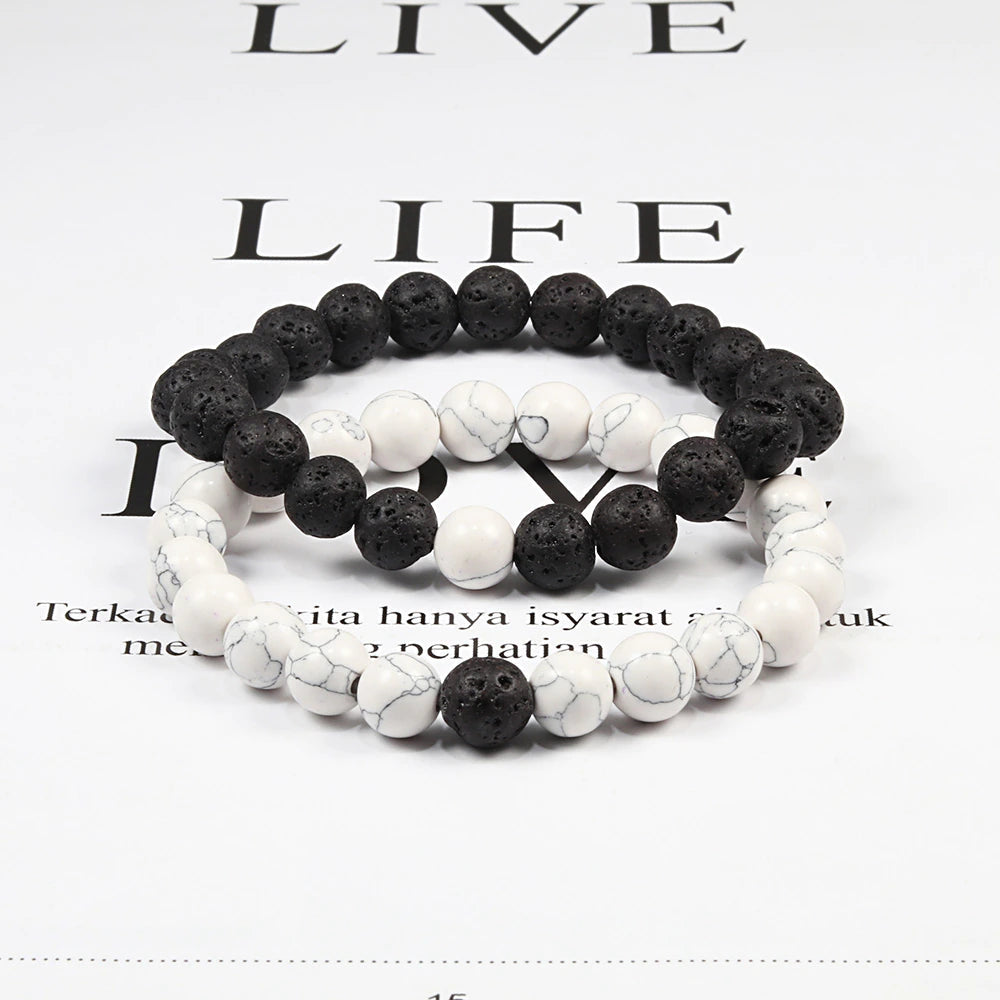 Set Armband Paare Abstand Schwarz Weiß Natürlicher Lavastein Tigerauge Perlen Yoga Armbänder für Männer Frauen Elastisches Seil Schmuck