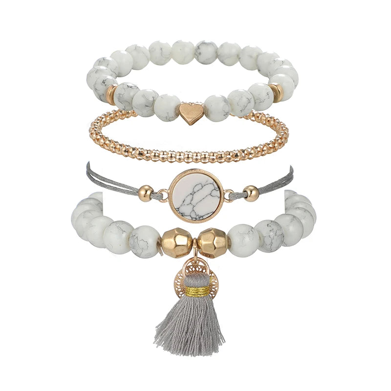 Bohemia Herz Quasten Perlenarmband für Frauen Handgefertigtes verstellbares Perlenketten Armband Set Schmuck Pulsera