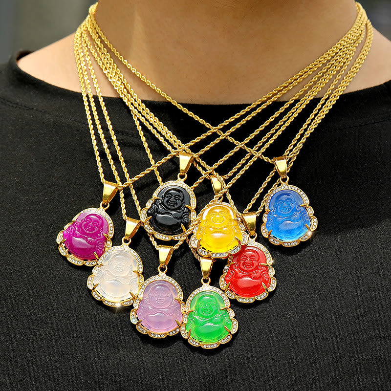 Chavri 18K Gold gefüllt lachender Buddha Jade Glück Halskette Kettenanhänger