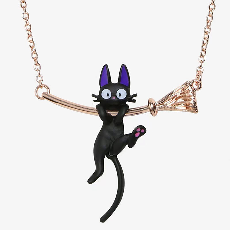 Süße Schwarze Katze Hängende Hexenbesen Halskette