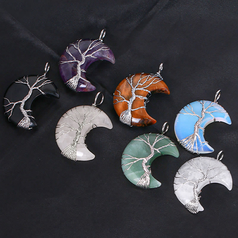 Chavri natürlicher Quarzkristall-Mondbaum des Lebens, heilender Energie-Halskettenanhänger