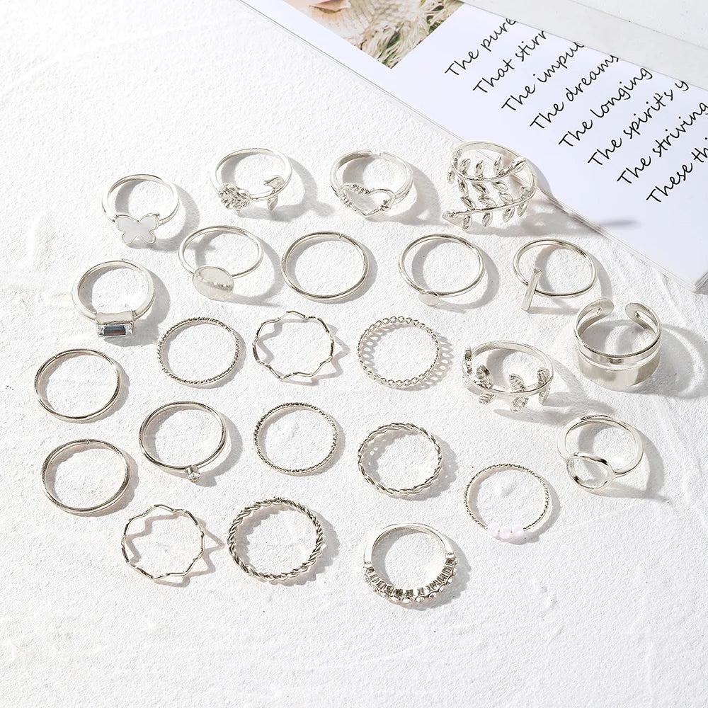 Mode Silber Farbe Metall Ringe Set Herz Schmetterling Blätter Blume Kristall Trendy Finger Ring für Frauen Schmuck Geschenke