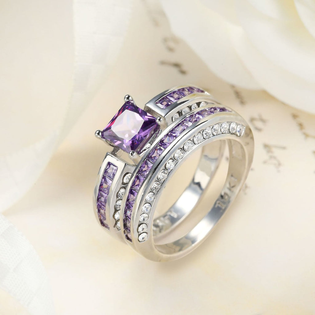 Amethyst White Zircon Ring Set -Ringepaar