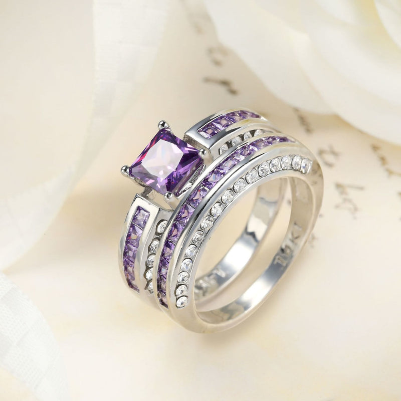 Amethyst White Zircon Ring Set -Ringepaar
