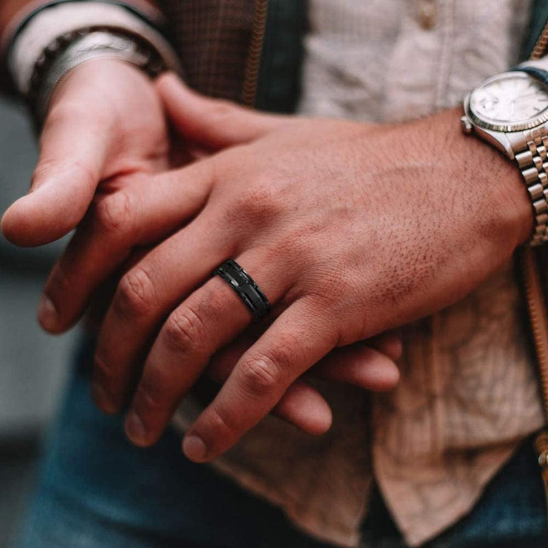 Mode Männer 8Mm Gold Farbe Nut Abgeschrägte Kante Wolfram Hochzeit Carbon Faser Ring Punk Zahnrad Edelstahl Ring für Männer