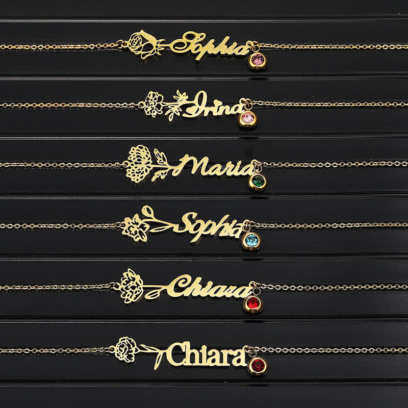 Benutzerdefinierte Horizontal Geburtsblume Geburtssteinname Halskette