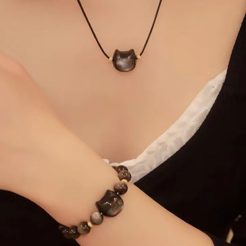 Chavri Gold glänzender Obsidian Silber glänzender Obsidian Schönes Pfoten-Glückskatzen-Schutzarmband