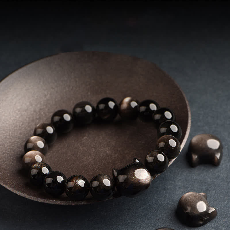 Chavri Gold glänzender Obsidian Silber glänzender Obsidian Schönes Pfoten-Glückskatzen-Schutzarmband