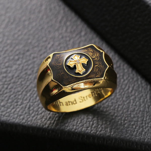 18K Gold Plattiert Kreuz Schwarzer Onyx Geschnitzte Männer Klingeln