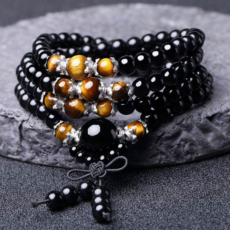 Chavri 108 Perlen natürliches schwarzes Obsidian-Tigerauge-Mala-Armband