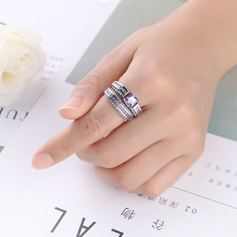 Amethyst White Zircon Ring Set -Ringepaar