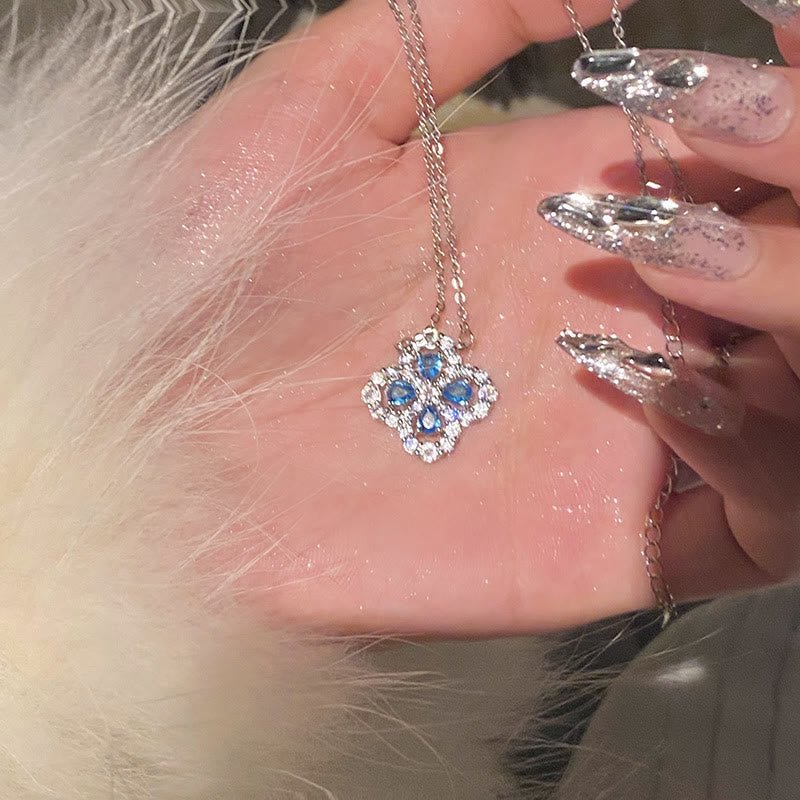 Vier Blattklee Mit Zirkon Aquamarin -Halskette