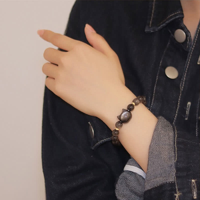 Chavri Gold glänzender Obsidian Silber glänzender Obsidian Schönes Pfoten-Glückskatzen-Schutzarmband