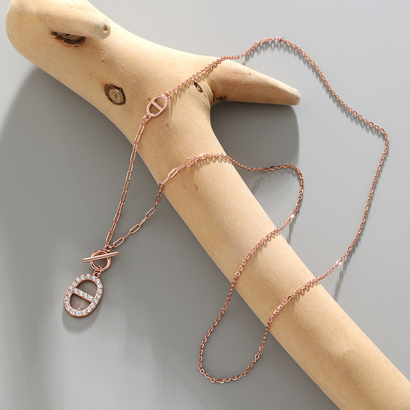 Geometrie CZ Hohl Oval Schwein Nase OT 925 Sterling Silber Halskette