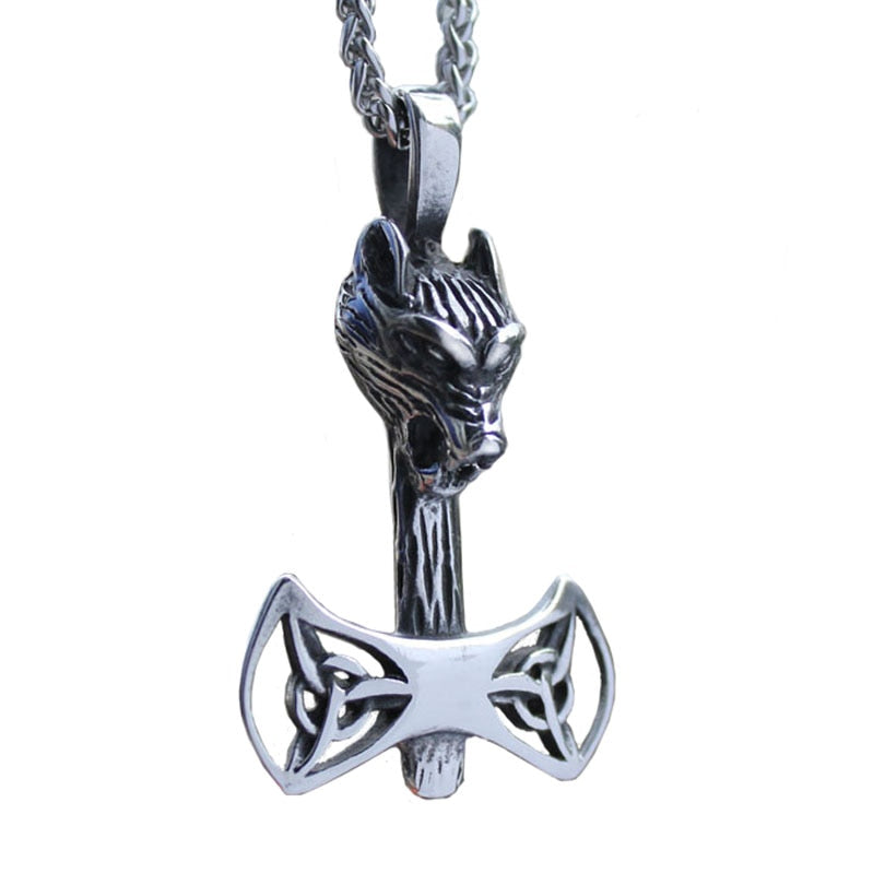 Wolf Mit Trinity Knot Symbol Viking Axt Anhänger Halskette