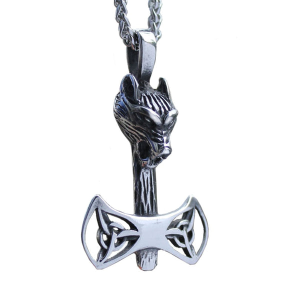 Wolf Mit Trinity Knot Symbol Viking Axt Anhänger Halskette